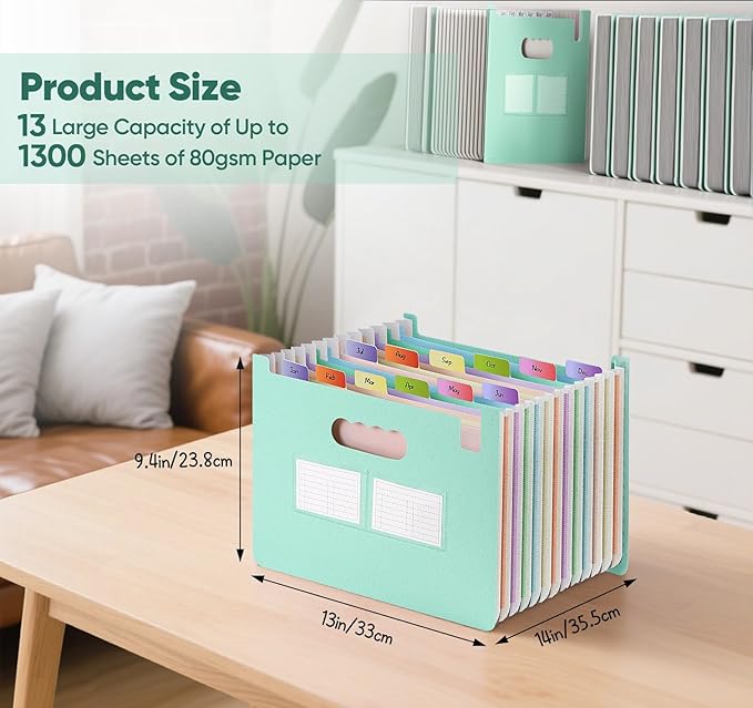 Accordion File Organizer with 13 Pockets, Wheat Straw Expanding File Folder with Lable Pocket,Upright Open Top,A4/Letter Size Paper Document Storage Organizer for School,Home and Office Supplies