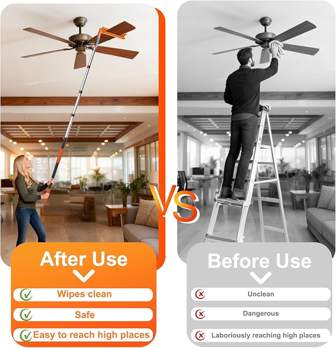 LAANPOLE 26FT Reach Ceiling Fan Cleaner Duster, Fan Blade Cleaner Kit with 5-20FT Extension Pole, Microfiber Duster & Replaceable Cleaning Cloth for Blades, Ceiling, Furniture