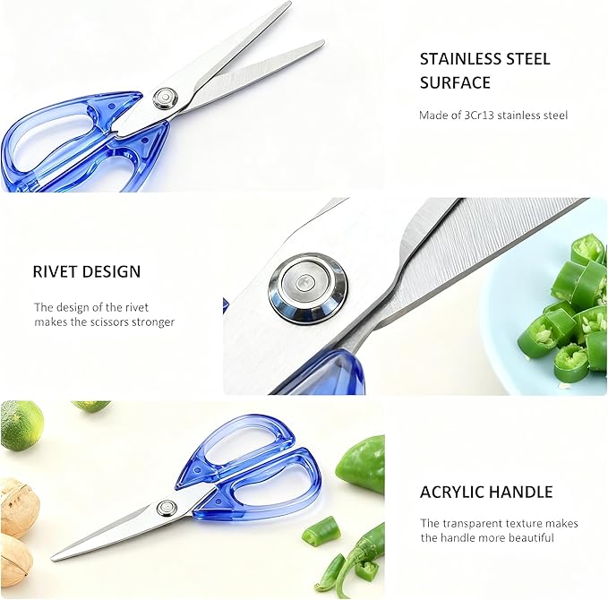 8.0inch Kitchen Shears, Sharp Stainless Steel Meat & Poultry Scissors, Transparent Blue Acrylic Handle, All Purpose Utility Cooking Scissors for Kitchen/BBQ/Home/Office