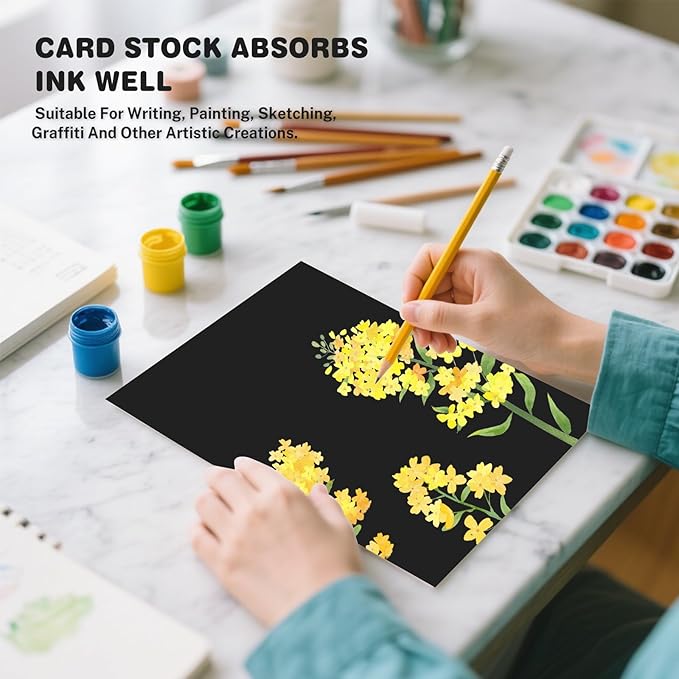 Cardstock 8.5 X 11, 80 Sheets Black Card Stock, 75lb/ 200gsm Copy Paper, Cardstock Printer Paper For Art, Drawing, Invitations, DIY Cards, Watercolor, Craft, Construction, School & Office Supplies