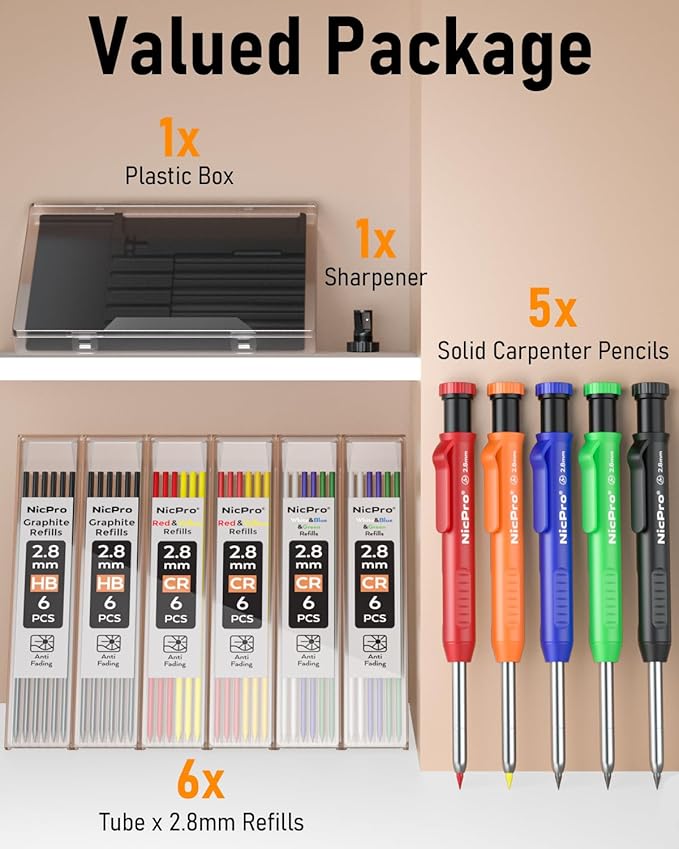 Nicpro 5 Pack Carpenter Pencil with Sharpener, Mechanical Carpenter Pencils Set with 41 Refills, Deep Hole Marker Construction Pencil, Heavy Duty Woodworking Tools for Architect Carpenter - With Case