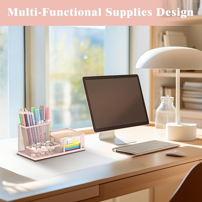 SUPEASY Mesh Pen Holder Desk Organizer, Office Supplies Pencil Storage with 3 Compartments, Office Desk Accessories and Workspace Organizers for Home School, Pink