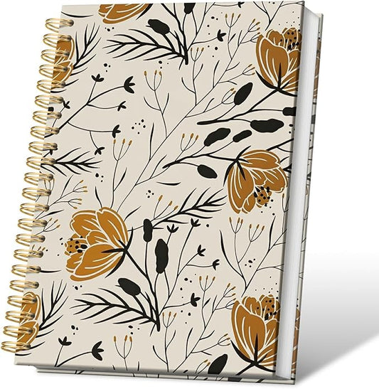 Boho Floral Botanical Journal Notebooks, Gold and Black Flower College Ruled Notebooks for Note Taking, Wildflower Journal Journaling, Spiral Notebook 5.5x8.3