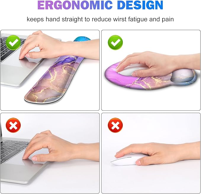 Gaming Mouse Pad, Large Desk Mat, Cute Desk Pad Protector, 4in1 XXL Mousepad + Keyboard Wrist Rest+Mouse Wrist Rest+Coaster Set with Ergonomic Desk Pad for Home Office PC Computer, Colorful Marble