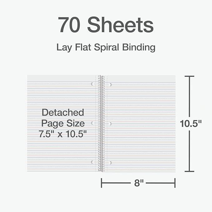 Oxford Primary Ruled Spiral Notebooks, Writing/Drawing Practice for Kids, Grades Pre-K, K-2, 70 Sheets, 8 x 10.5 Inches, Black, 3 Pack (1002542)