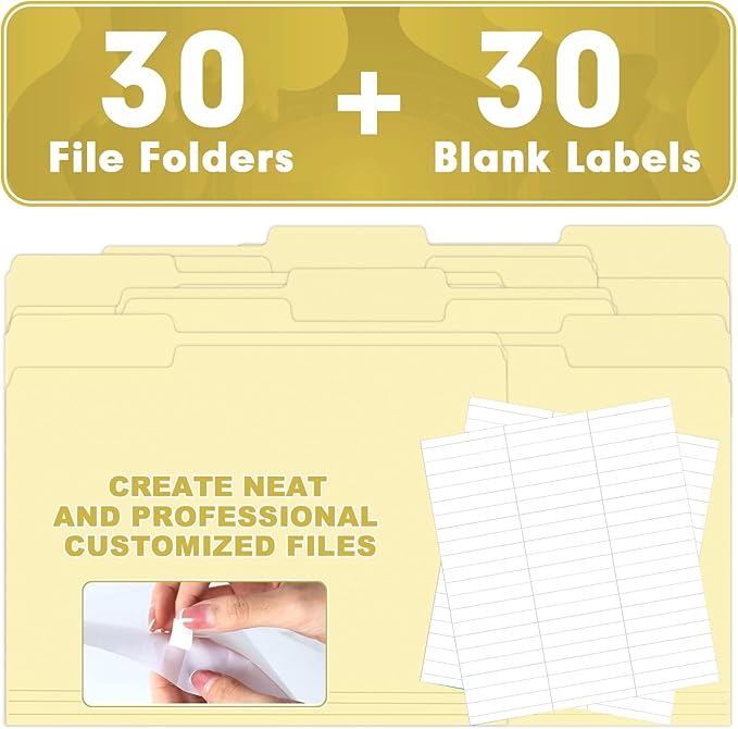 Manila Folders, HERKKA 30 Pack 1/3 Cut Tab File Folders, Manila Folders 8.5 x 11 Designed for Office and Classroom Use, Letter Size