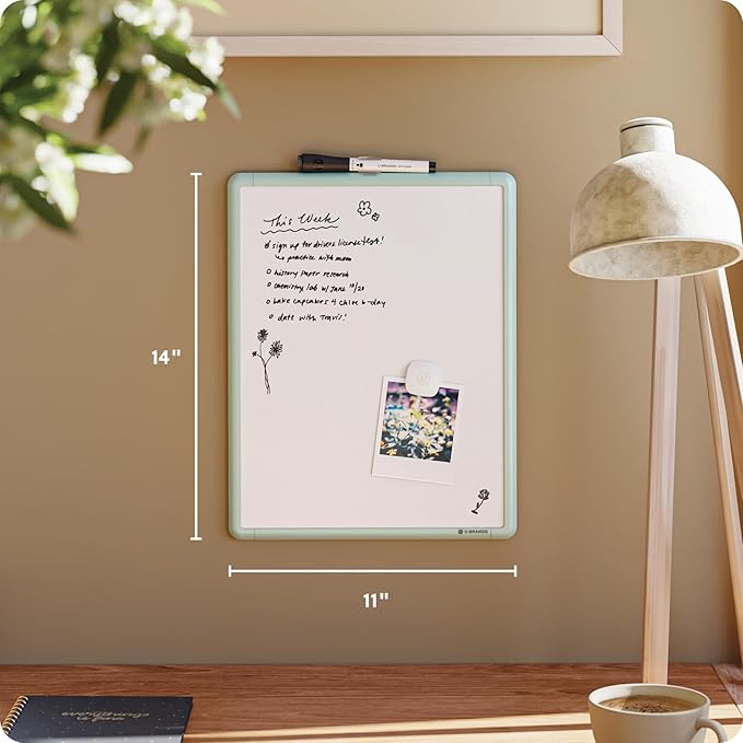 U Brands Contempo Magnetic Dry Erase Board White Board, 11" x 14", Sage Green Modern Frame, Includes Magnet and Marker