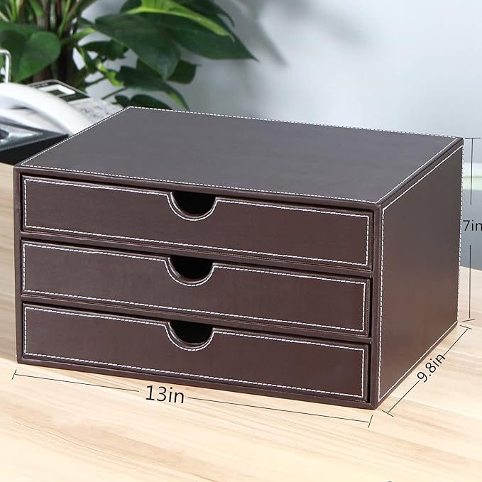 Stackable 3-Drawer Desk Organizer, Executive Office Supplies Desktop Filing A4 File Cabinet/Holder, Leather Storage Box for Document/Paper/Home Decor Accessories (brown)…