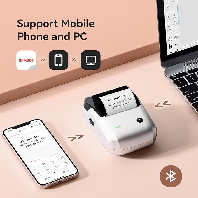 NIIMBOT B1 Label Maker Machine with Tape, 2 Inch Portable Sticker Printer for Home School & Small Business, Compatible with Phones & PC, Silver Gray