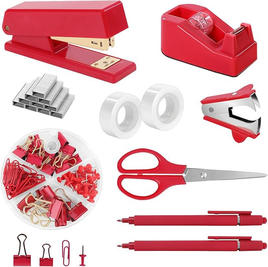 SKYDUE Red Office Supplies Set, Desk Accessories, Stapler, Tape Dispenser, Scissors, Binder/Paper Clips and 1000pcs Staples, Office Decor for Women