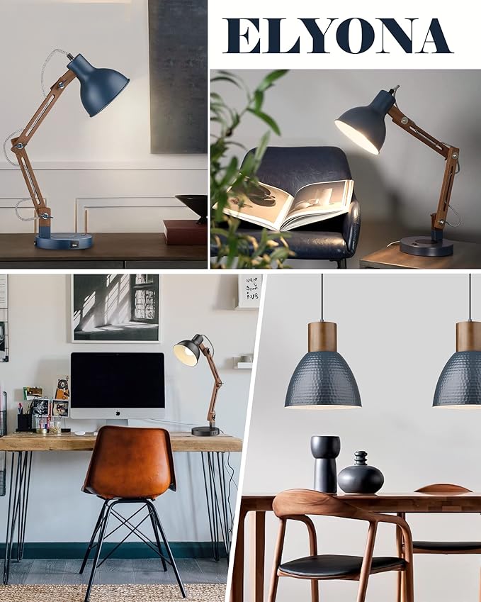 ELYONA Sapele Wood Desk Lamp with Upgraded Wireless Charger, Swing Arm Table Lamp with USB C Charging Port, Reading Task Light for Bedroom, Dorm, Office, Living Room, LED Bulb Include, Modern Blue
