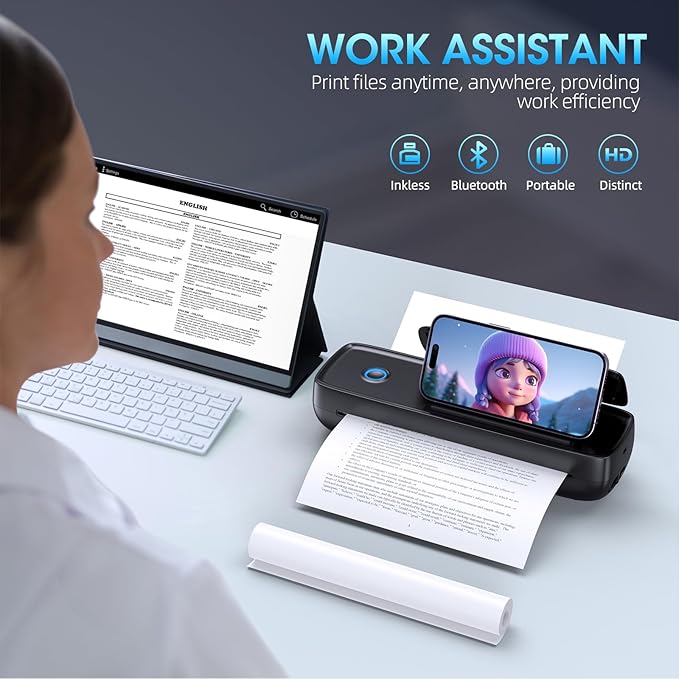 Portable Printer Wireless for Travel，Bluetooth Thermal Printer Support 8.5" X 11" US Letter &Legal, A4&A5 Thermal Paper, Inkless Compatible with iOS, Android & Laptop for Office Car Home