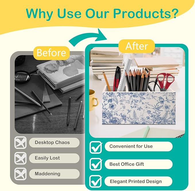 Chinoiserie Floarl Pen Holder for Home Office Desk, Vintage Home Decor, Chinoiserie Blue and White Floral Birds Makeup Brush Toothbrush Holder Organizer for Bathroom Desk Accessories