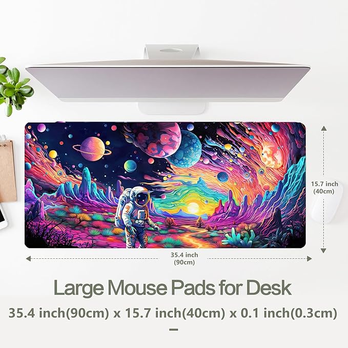 Cyberpunk Astronaut Mouse Pad Desk Mat Fantasy Planet Space Large Gaming Mouse Pad Anime Desk Pad Mousepad XXXL Extended Keyboard Mat Futuristic Cosmic Adventure Mouse Mat, Waterproof, 35.4 x 15.7 in