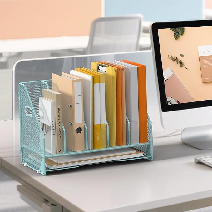 Desk File Folder Holder Organizer-5 Vertical Compartments Racks and Paper Letter Tray,Mesh Magazine File Holder Sorter,Desktop Accessories & Workspace Organizers for Home,Office,School-Blue