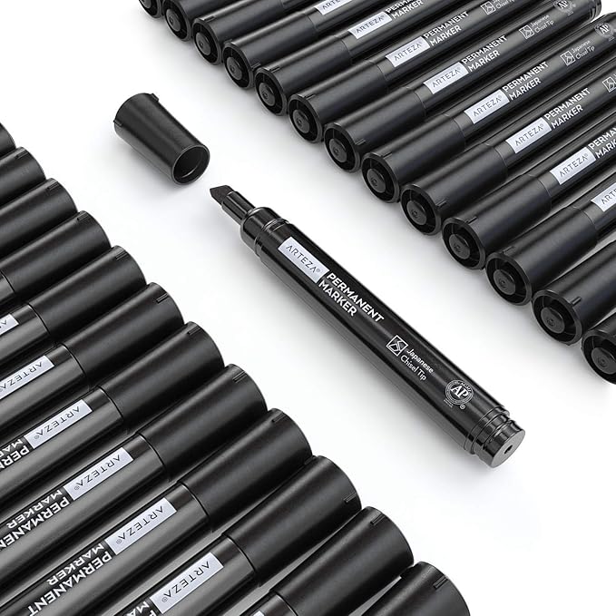 ARTEZA Permanent Markers, Set of 36, Black, Chisel Tip, Waterproof