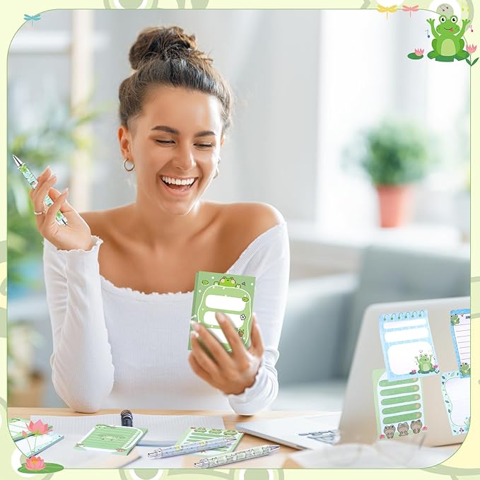 24 Pcs Frog Sticky Notes with Pens Themed Gifts Self Adhesive Notepad Cute Memo Notes Pads Black Ink Ballpoint Pen for Frog Lover Gifts Office School Students Teacher Supplies