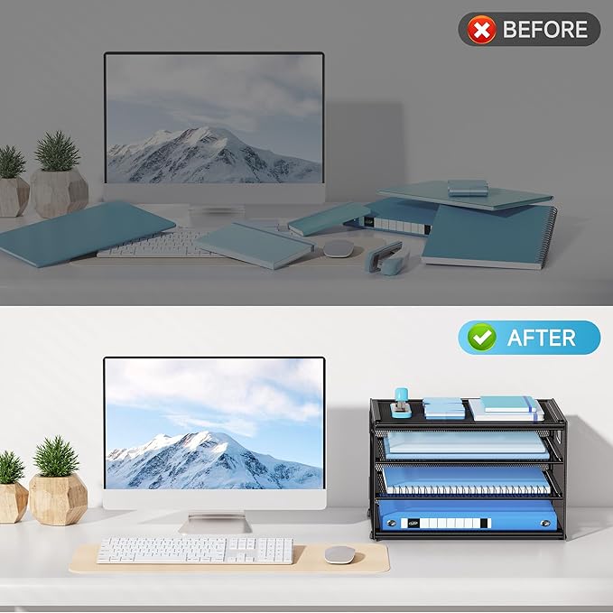 Lavatino 3-Tier Letter Tray Desk Organizer, Mesh Metal Paper File Tray Organizer for Desk, Office Supplies & Home Organization, Fits A4 Paper, Mail, Magazines & Office Accessories (Black with Handle)