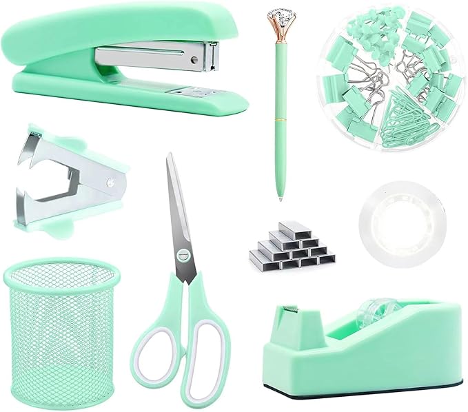 Green Desk Accessories, Pink Office Supplies Set with Stapler, Tape Dispenser, Staple Remover, Pen Holder, Scissor, Binder/Paper Clips, Ballpoint Pen, Clear Tape and 1000pcs Staples