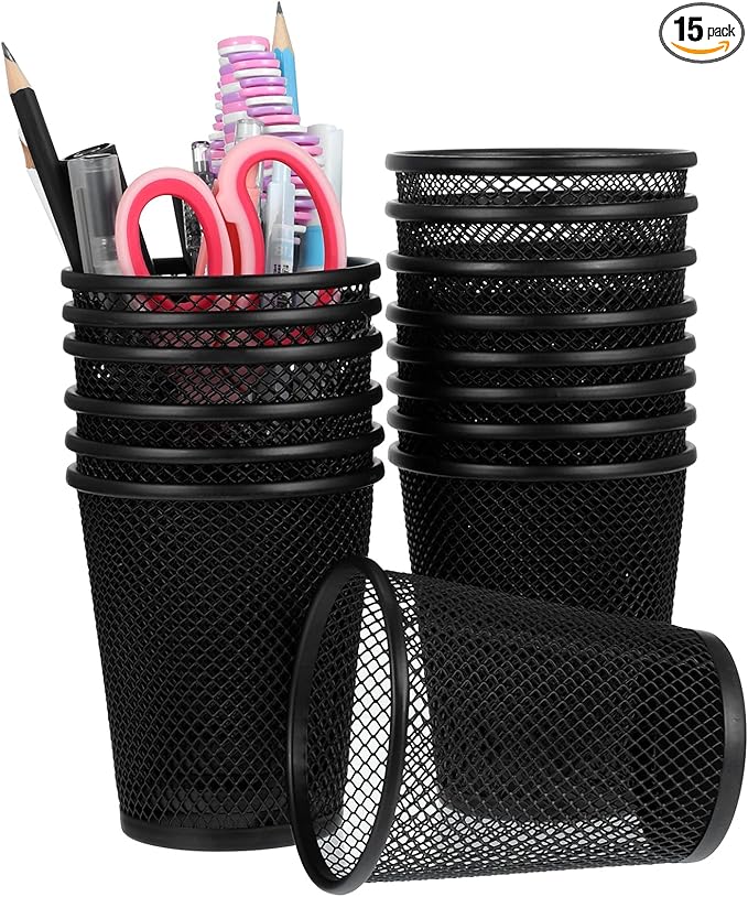 15Pcs Pen Holder for Desk, Black Mesh Pencil Cup Holder for Desk, Round Mesh Pen Holders, Makeup Brush Holders Pens Cup Bulks for Home & Office