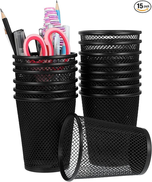 15Pcs Pen Holder for Desk, Black Mesh Pencil Cup Holder for Desk, Round Mesh Pen Holders, Makeup Brush Holders Pens Cup Bulks for Home & Office