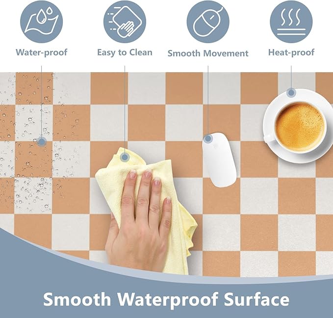 Mouse Pad Desk Mat Leather Desk Pad Large Gaming Desk Cover Protector Mat for Keyboard Computer Laptop Office Waterproof 35.4 x 16.5 Inch Checkered Orange and White