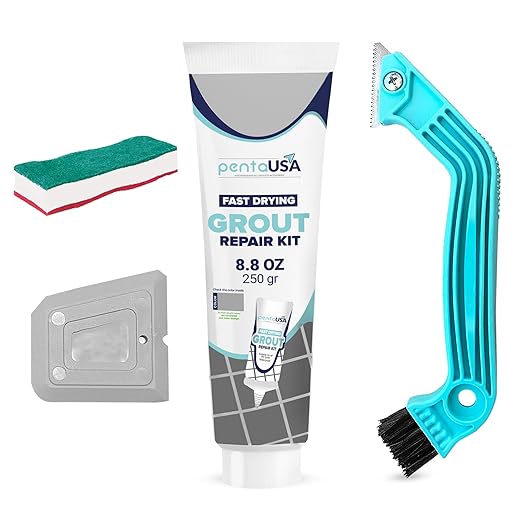 PentaUSA Tile Grout Repair Kit with Removal Tool, Premix Grout Bundle Set, Sponge and Cleaner (8.8 Oz - 250gr) (Grey)