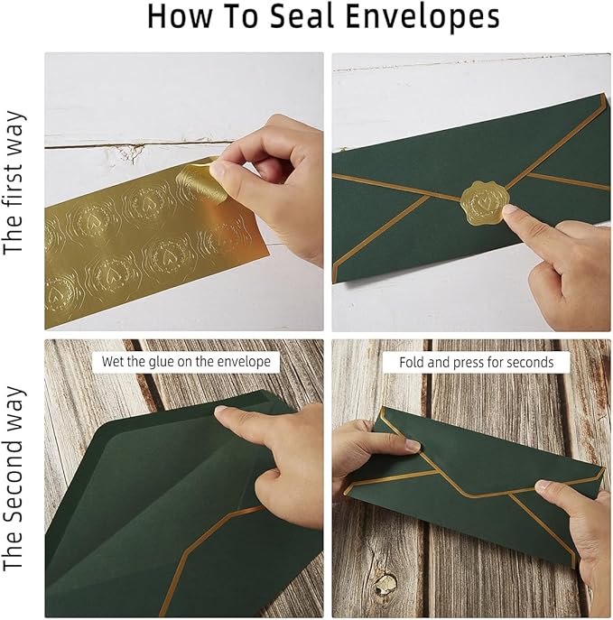 50 Pack #10 Business Envelopes with Gold Border, Self Seal Standard Envelopes with Gold Stickers for Office, Checks, Letter Mailing, Invoices, 4 1/8 x 9 1/2 Inches (Dark Green)