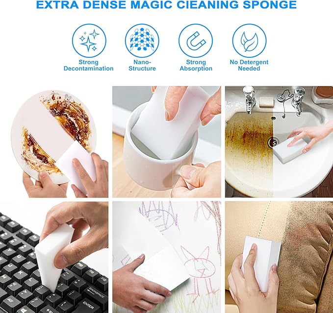 100 Pack Magic Sponge Eraser, Premium Reusable Melamine Sponges, Powerful Cleaning for Kitchen, Bathroom, Walls, Shoes, Electronics, Household Cleaning Kitchen Dish Sponges. Durable & Not Easily Rip.