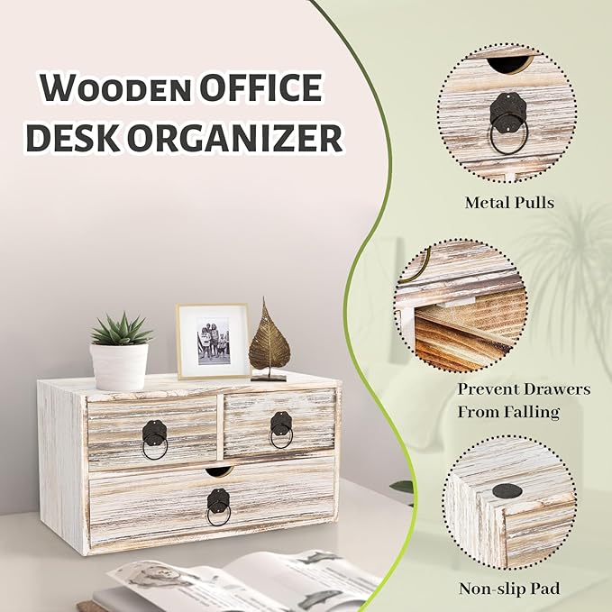 Vintage Wood Desk Organizer, Small Desk Organizer with Drawers, Tabletop Storage Organization Box for Office Home Toiletries Supplies, No Assembly Required (3 Drawer)