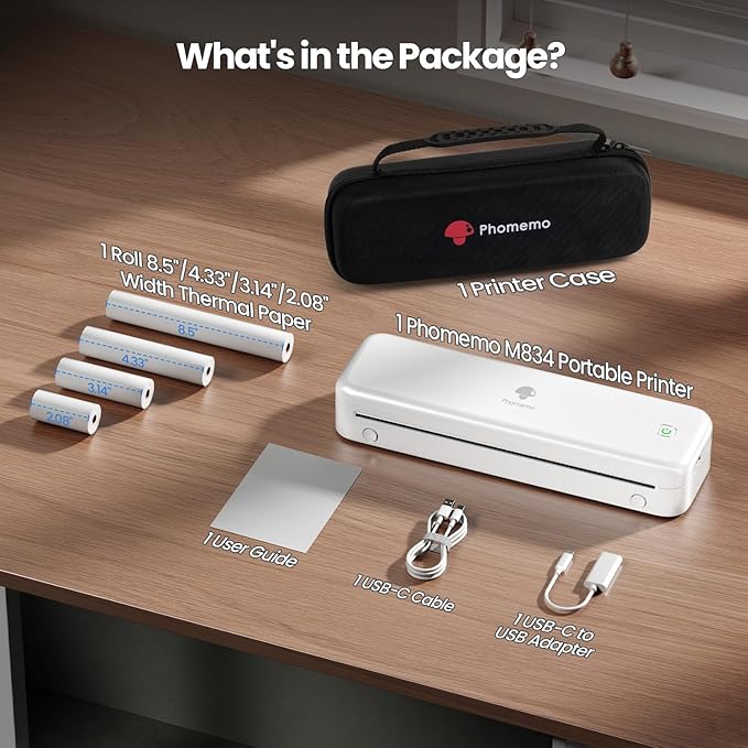 Phomemo Portable Printers Wireless for Travel [Upgraded],M834 Bluetooth Thermal Printer 8.5" x 11"& A4 Size,Inkless Mobile Printer with Carry Case for Travel,Office,School,Car,Home,White