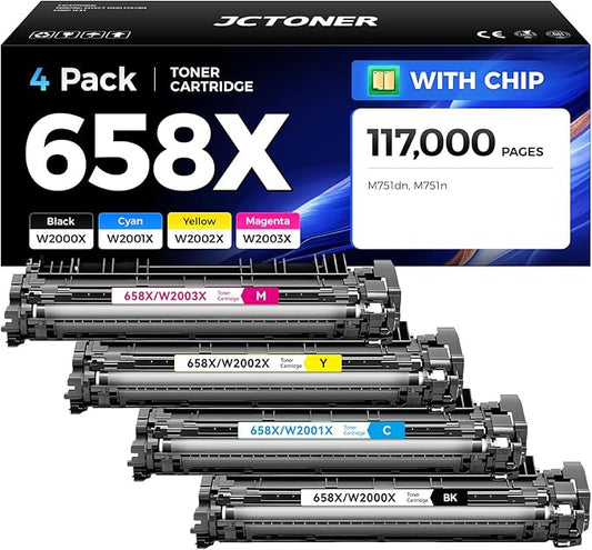 658X Toner Cartridge Set 4-Pack High Yield Replacement for HP 658X 658A W2000X W2001X W2002X W2003X Compatible for HP Color Laserjet Enterprise M751 M751dn M751n Printer Ink Black Cyan Yellow Magenta