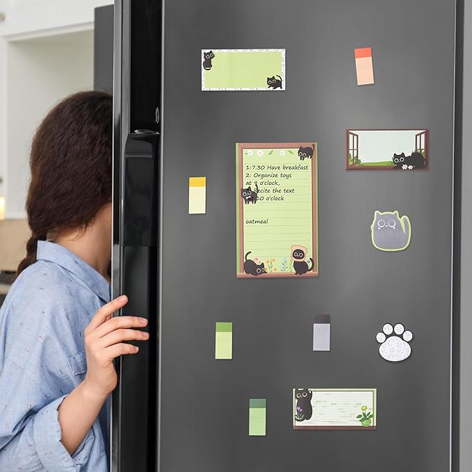 B1ykin Sticky Notes Set - Cartoon Theme Cute Self-Stick Notes Pad Teacher Appreciation Gifts， Self-Adhesive Writing Memo Pages Sticky to Do Notepad for Kids Employee School Office (Black Cat Floral)