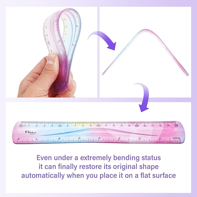 Grevosea 2 Pieces Flexible Ruler, 20cm/8inch Plastic Ruler Shatterproof Straight Edge Ruler Soft Bendable Ruler for School Classroom Office Kids & Adults (8inch)