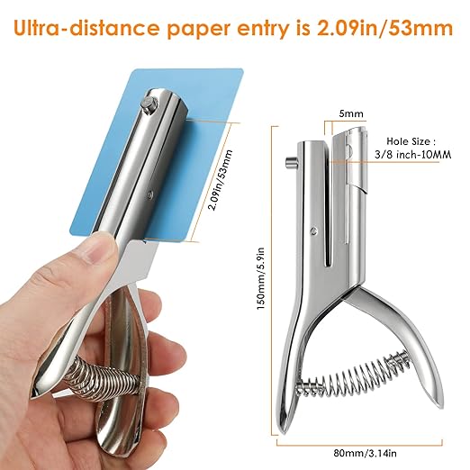 Hole Punch 2" Reach 3/8 inch Single Hole Punch,Heavy Duty Hole Puncher Single,Paper Punch Portable Hand Held Long Hole Puncher for Paper Cards Plastic Cardboard (Silver) (3/8"-10mm Hole)