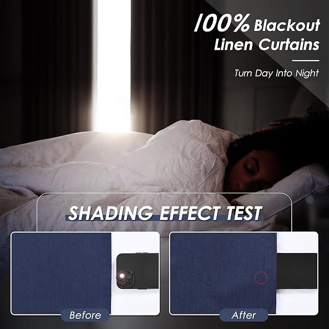 Nanspring 100% Blackout Curtains 2 Panels Set Classic Blue Window Curtains 102 Inches Long Cotton Textured Linen Thermal Insulated Noise Reducing Flax Linen Drapes for Living Room and Nursery 52x102