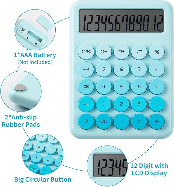 Desk Cute Blue Calculator with Big Buttons, Calculators Desktop, 12 Digit with Large LCD Display, Basic Standard Calculator,Mechanical Switch Aesthetic Calculators Office Supplies for Home and School