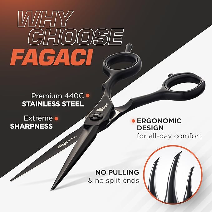 Fagaci Hair Scissors Professional Left 6” 440C Steel for Superior Precision, Extremely Sharp Blades Hair Cutting Scissors for Women & Men, Durable Sharpness Hair Shears for Hair Cutting