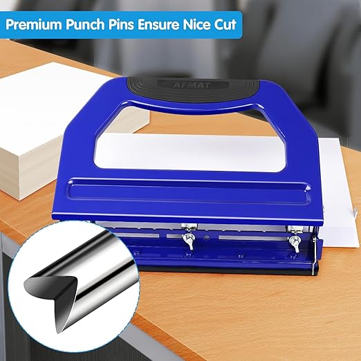 AFMAT HP18 3 Hole Punch, Metal Heavy Duty Paper Punch with 50-Sheet Capacity and Removable Punch Heads for 2 Hole Punch Function, Large Chip Tray, Blue