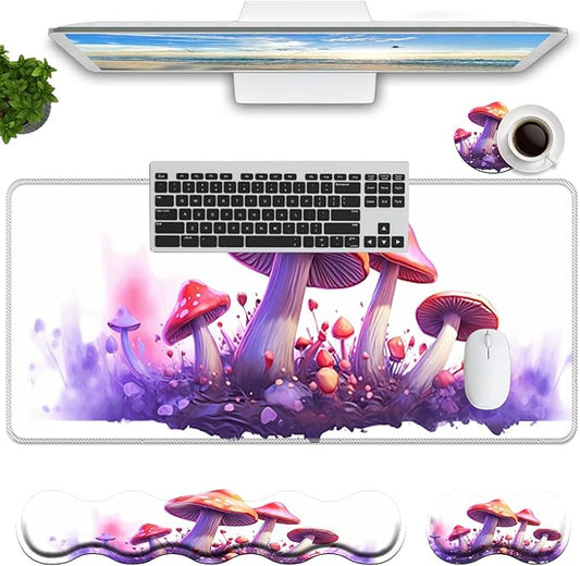 Keyboard Mouse Pad Set,Large Mouse Pad+Keyboard Wrist Rest+Wrist Support+Coaster,31.5x11.8in Extended Desk Mat for Computer Laptop Office Home-Mushrooms