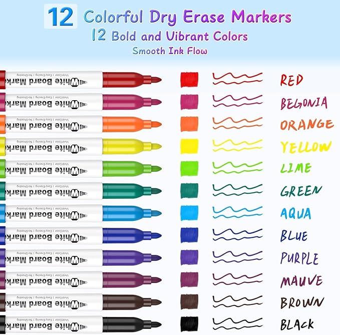 SFAIH Fine Tip Dry Erase Markers - 12 Pack Colored Whiteboard Erasable Markers Bulk for Kids Adults, Ideal for Classroom School Office Home Use on White Board, Non-Toxic Easy Clean
