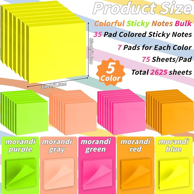 35 Pack Sticky Notes Bulk 3 x 3 In Self Stick Notes Pads Colorful Posted Note in 5 Bright Color Adhesive Paper Memo 75 Sheets/Pad Easy to Post note pad for Office Home School Notebook Wall Door Window