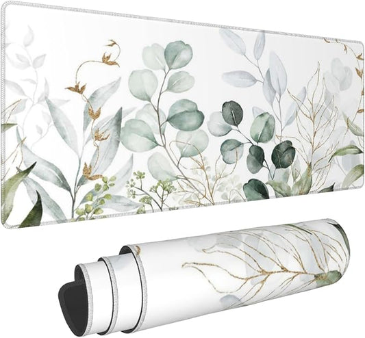 Green Gold Leaves and Branches Extended Big Mouse Pad Large,XL Gaming Mouse Pad Desk Pad,31.5x11.8inch Long Computer Keyboard Mouse Mat Mousepad with 3mm Non-Slip Base for Home Office Work