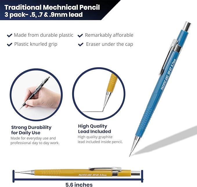 Pacific Arc Mechanical Pencil Set, .5 mm, .7mm, .9 mm Mechanical Pencil with 3 Spare Erasers, Refillable Lead Pencil Holder for Drafting, Sketching, and Drawing