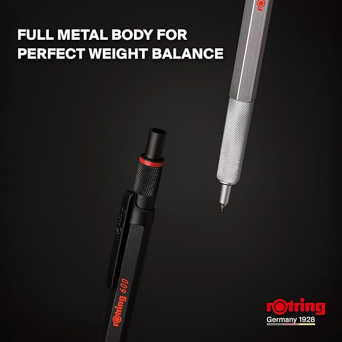 Rotring 600 Gel Pen | 0.55 mm | Black Ink | Silver Metal Body Pen | Non-Slip Knurled Grip & Hexagonal Barrel | Refillable