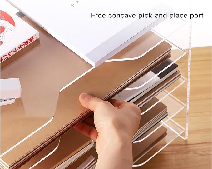 Acrylic Paper Letter Tray Organizer, 5 Tiers, Transparent, Modern, Rectangular, Stackable, Office