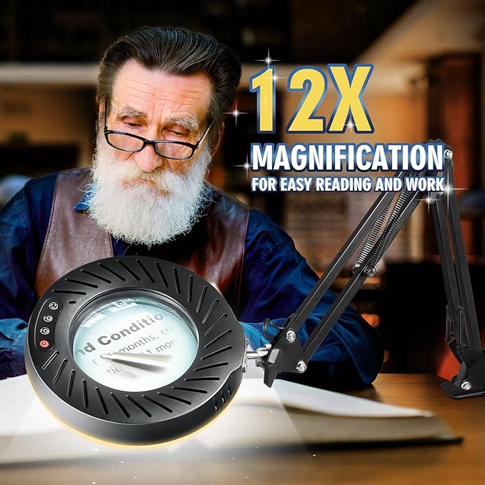 12X Magnifying Glass with Light and Stand, 144 LEDs Brightest Desktop Magnifying Lamp, 10 Dimmable Brightness 5 Color Modes, Hands Free Metal Desk Lamp for Craft Reading Painting Hobby Close Work