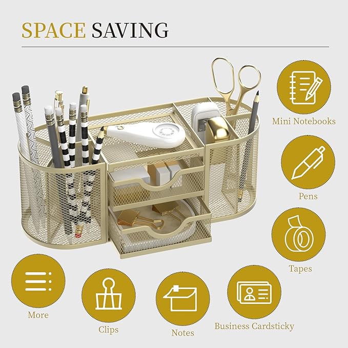 SUPEASY Mesh Desk Organizer, Desk Organizers and Accessories, Pen Holder with Drawers, Pencil Holder for Desk with 2 Drawer for Office Supplies, Golden yellow