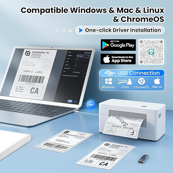 vretti USB Shipping Label Printer - 4x6 Thermal Label Printer for Small Business, Compatible with Windows,Mac,Linux and ChromeOS, Supports Barcodes, Shipping Labels, Mailing Labels, Etc.