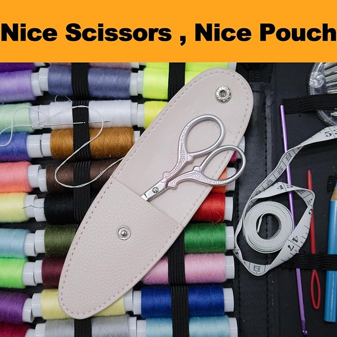 3.6 inch Small Sewing Scissors, Mini Scissors in a Pouch, All Purpose with Leather Sheath Cover, Color PINK Green